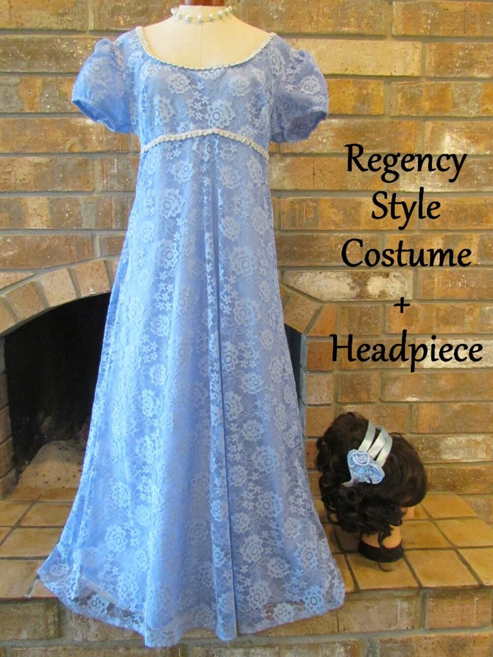 REGENCY BALL GOWN COSTUME, L-XL, 10-12, BLUE LACE, BLING TRIM, HEADPIECE, NWT